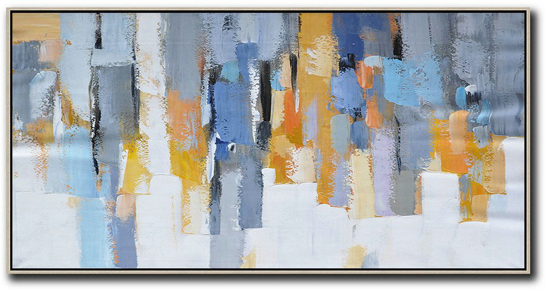 Extra Large Canvas Art,Horizontal Palette Knife Contemporary Art,Abstract Painting On Canvas,White,Grey,Orange,Yellow,Blue.etc